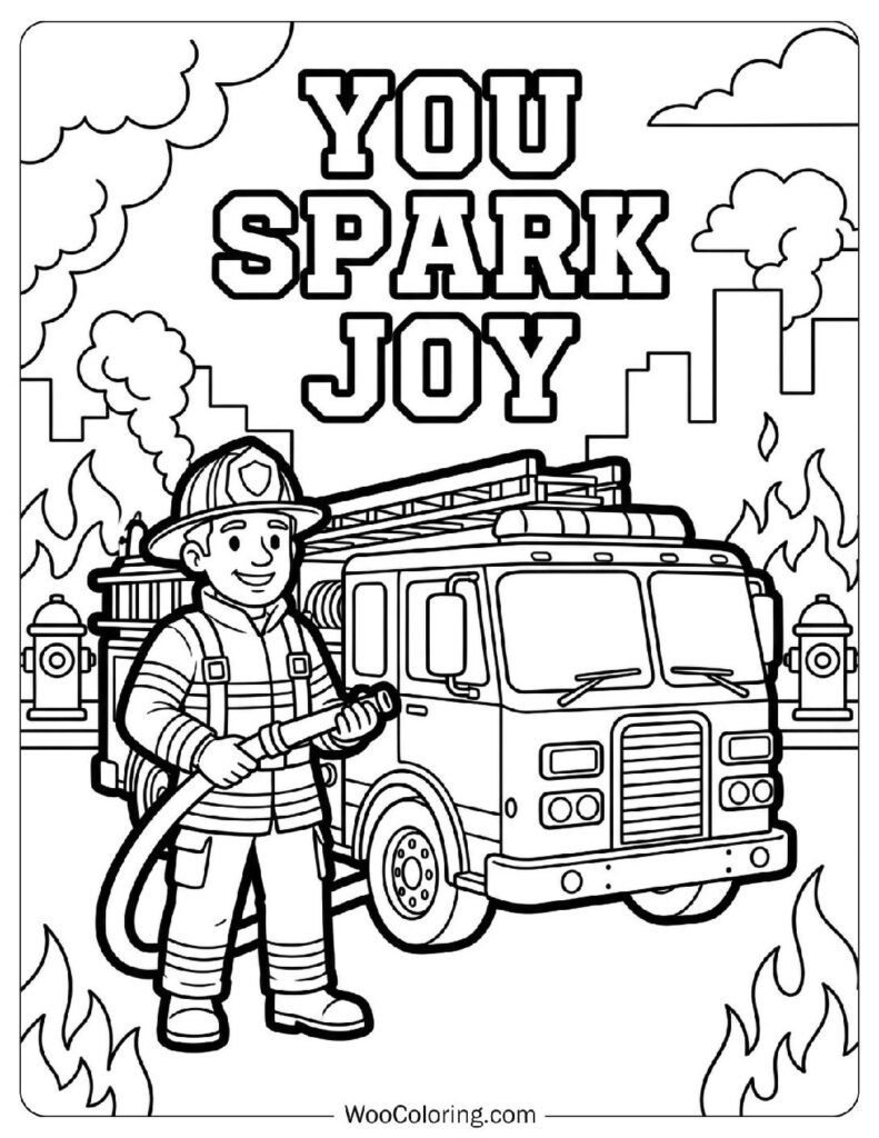 Firefighter Dad Saving the Day with Fire Truck Coloring Page for Preschoolers