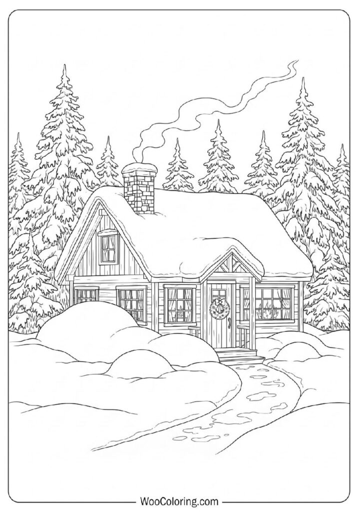 Fireplace Cabin Nestled in Snowdrifts During a Cold and Quiet Winter Night