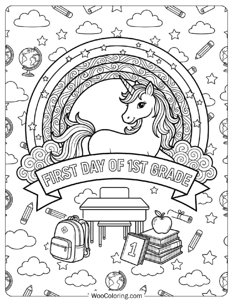First Day of 1st Grade with Unicorn and Magic Rainbow Coloring Page for Kids