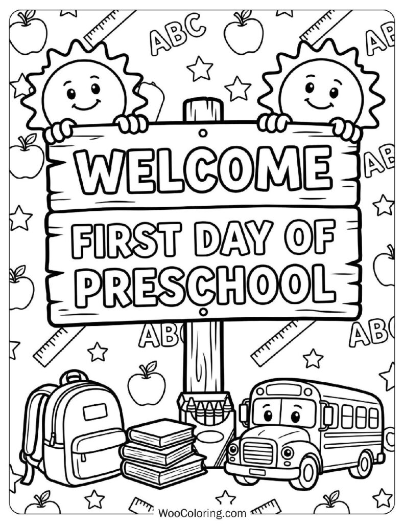 First Day of Preschool Welcome Sign with Happy Sun Coloring Page