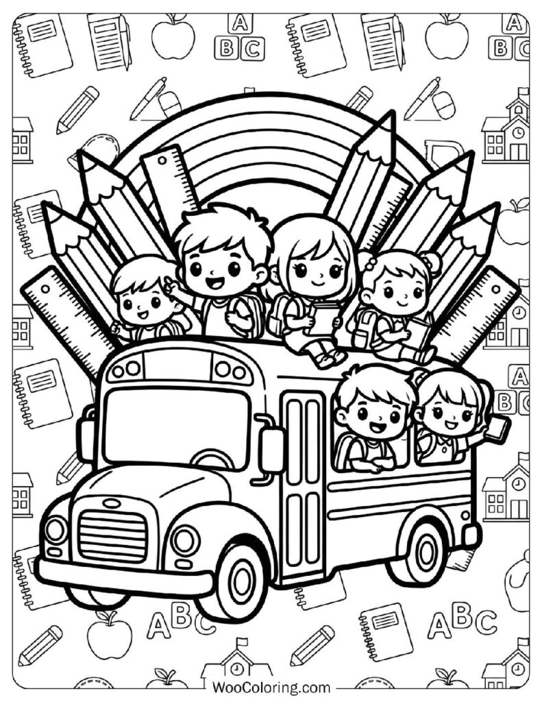 First Day of School with Pencils School Bus and Chibi Students