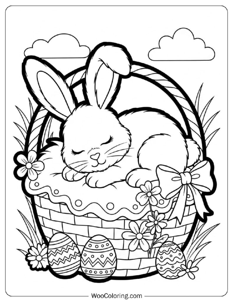 Fluffy Bunny Sleeping in a Decorated Easter Basket Coloring Picture