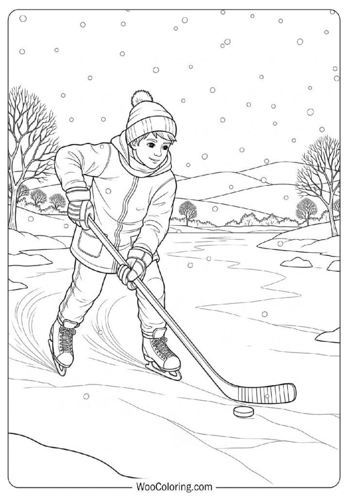 Focused Boy Practicing Ice Hockey Alone on a Clear Winter Morning