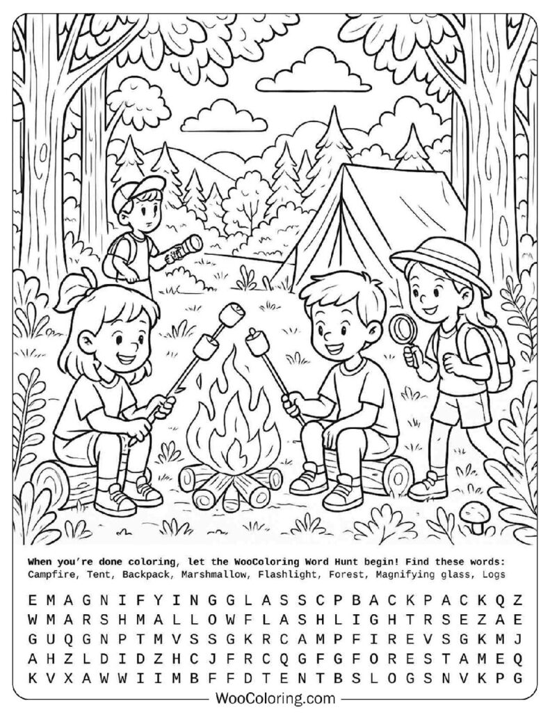 June coloring page
  with kids camping, roasting marshmallows and exploring nature
