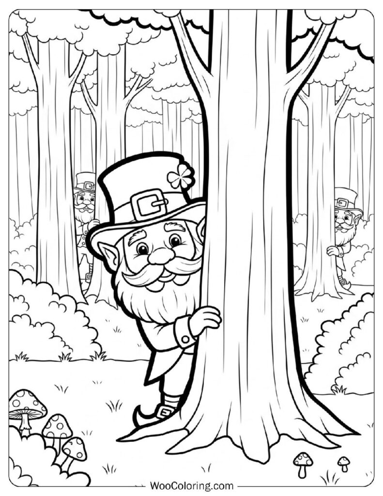 Forest Scene with Leprechauns Hiding Behind Trees Coloring Page for Kids