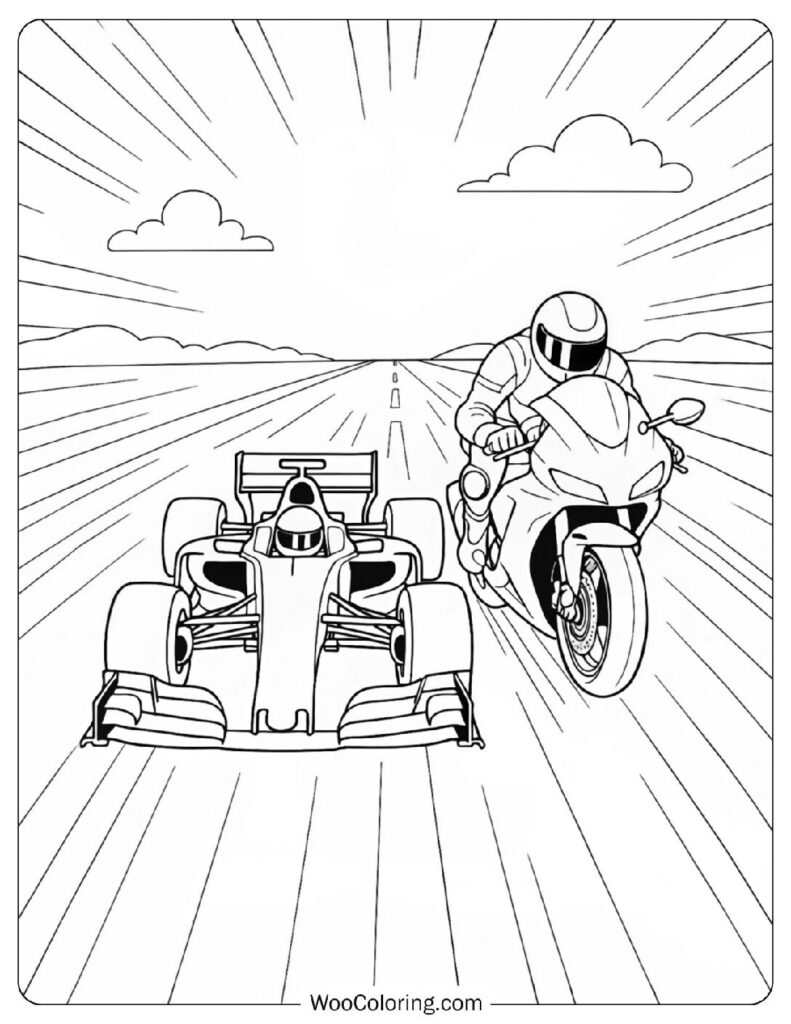 Formula 1 Car vs Superbike in Intense Drag Race Showdown Coloring Page For Kids