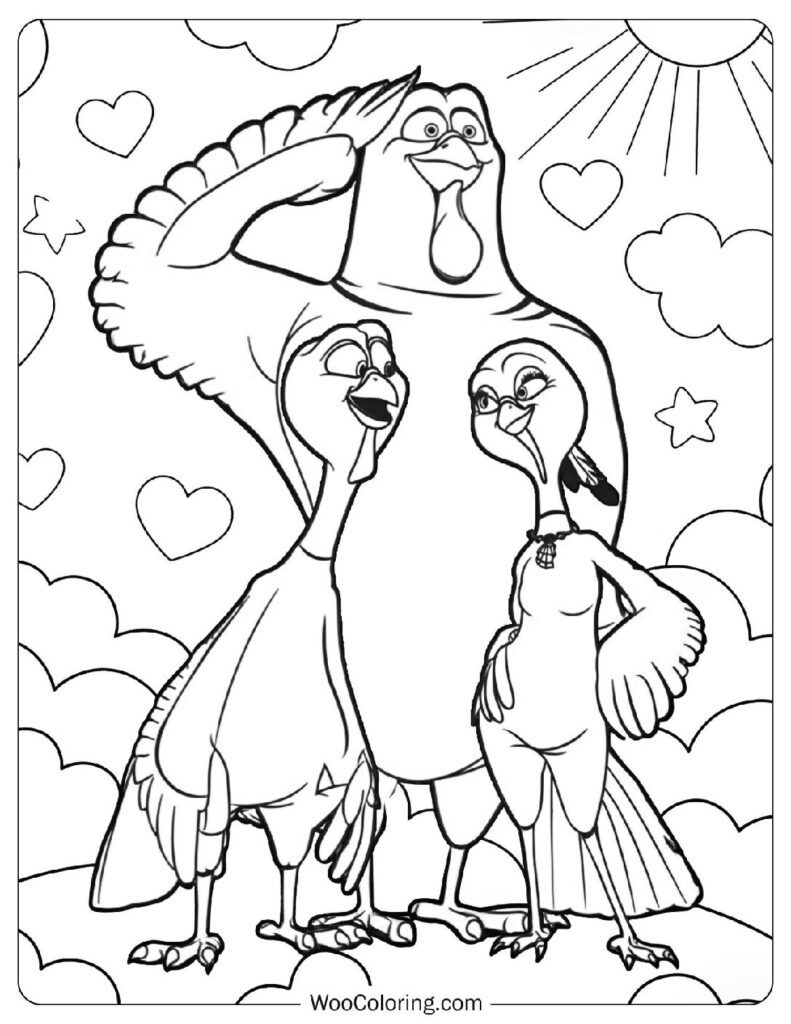 Free Birds Turkey Coloring Page Featuring Reggie, Jake & Jenny