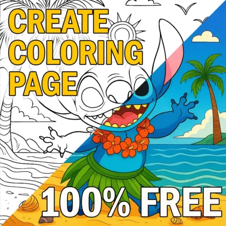 Free coloring page with cartoon character on beach half colored half outline