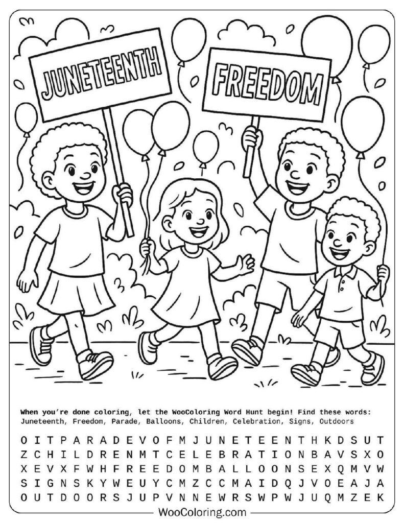June coloring page
  of kids celebrating Juneteenth with signs and balloons
