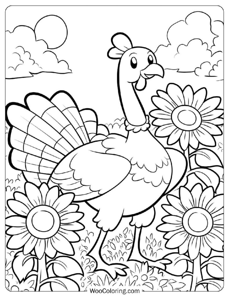 Friendly Cartoon Turkey in Sunflower Garden Scene Coloring Sheet for Kids