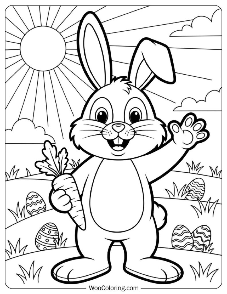 Friendly Easter Bunny Waving with a Carrot