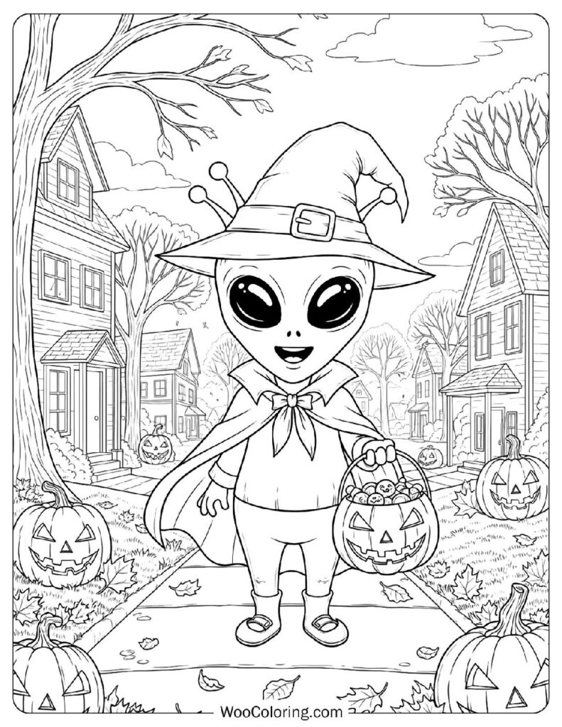 Friendly Halloween Alien coloring page