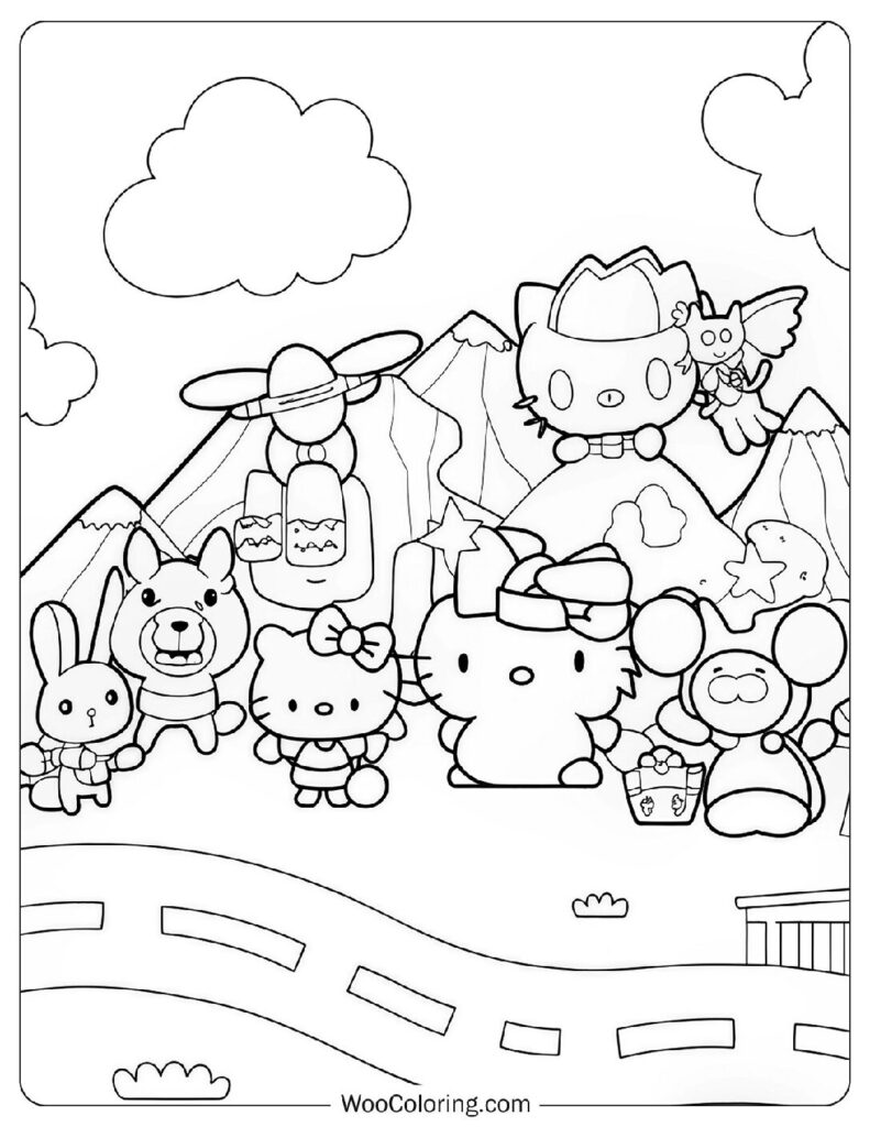 Friendly Hello Kitty And Sanrio Friends Playing Coloring Sheet For Kids