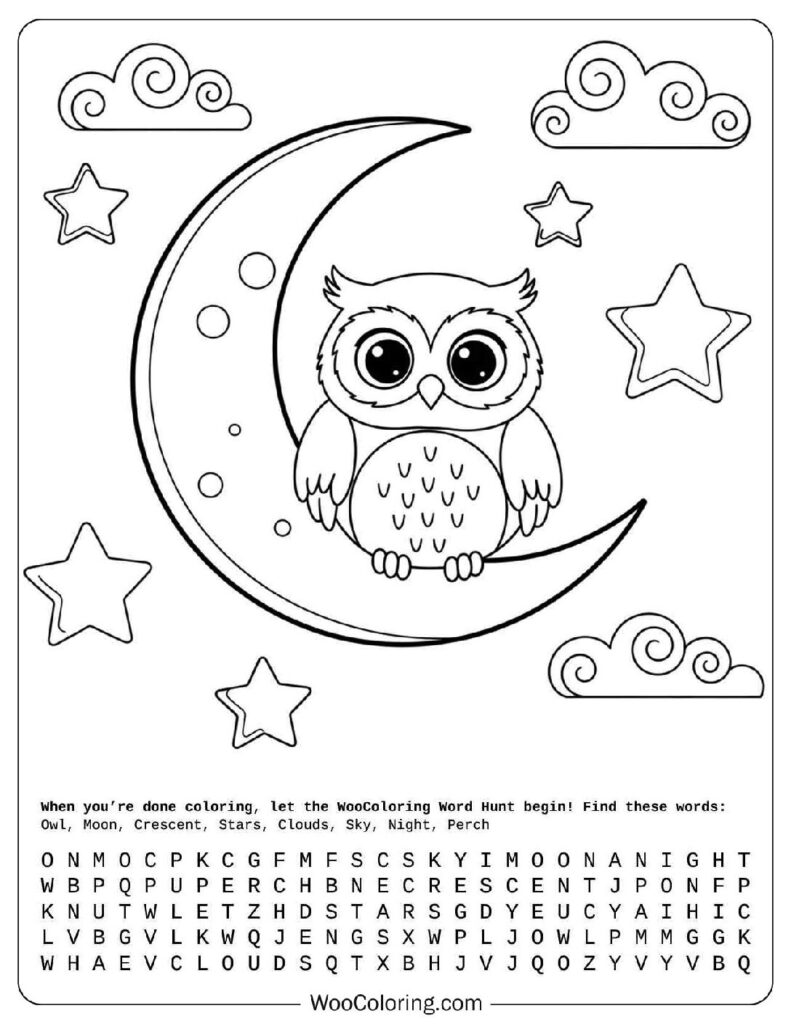 Friendly Owl on Moon Coloring Page for Preschoolers