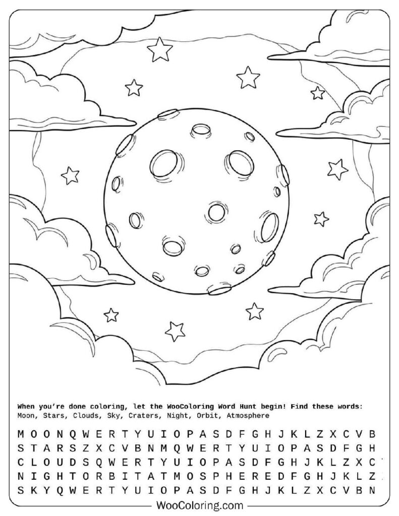 Full Moon at Night Sky with Stars Coloring Page for Kids