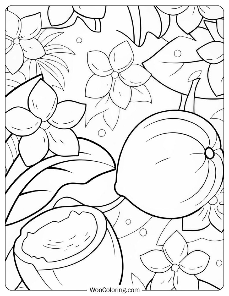 Full-Page Tropical Flowers And Coconut Coloring Sheet For Preschoolers