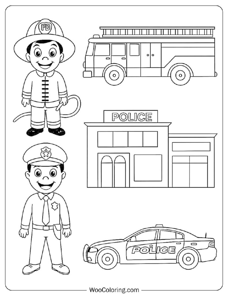 Fun Coloring Page Featuring Fire Truck, Police Car And Officers