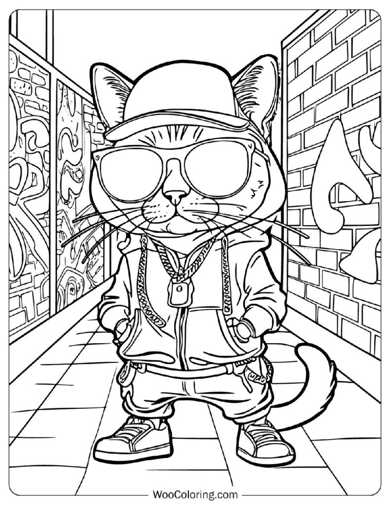 Fun Coloring Page With A Cool Cat In A Graffiti Alley