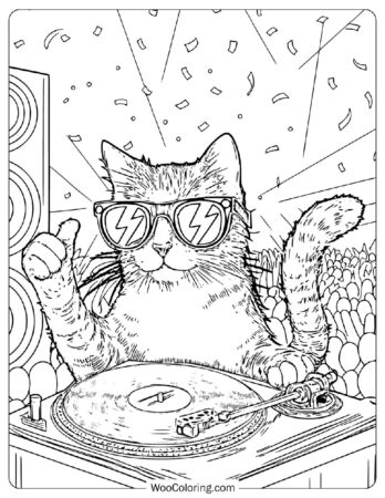 Fun DJ Cat Spinning Records at a Concert Coloring Page