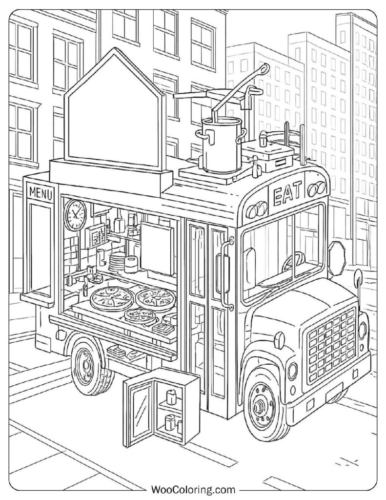 Fun Food Truck Coloring Picture With Pizza Oven And Menu