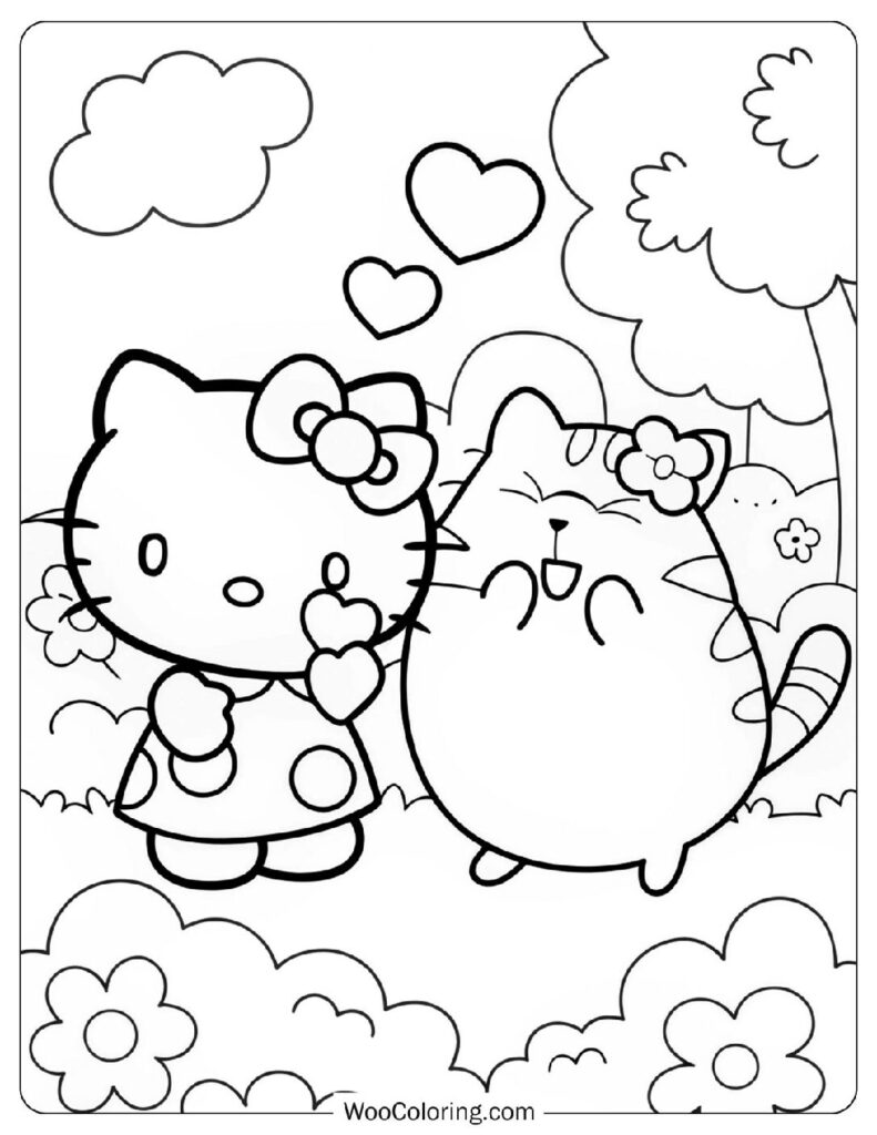 Fun Hello Kitty And Pusheen Selfie Coloring Page For Preschoolers