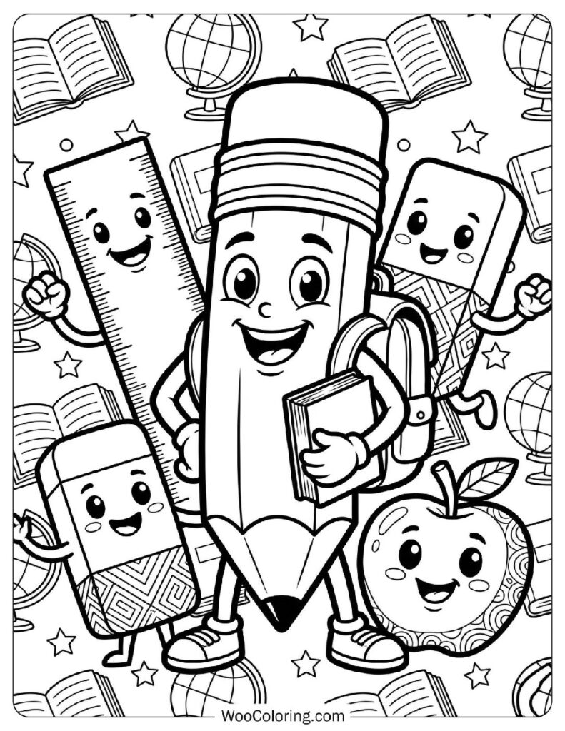 Fun Pencil with Backpack and School Supplies Character Coloring Sheet