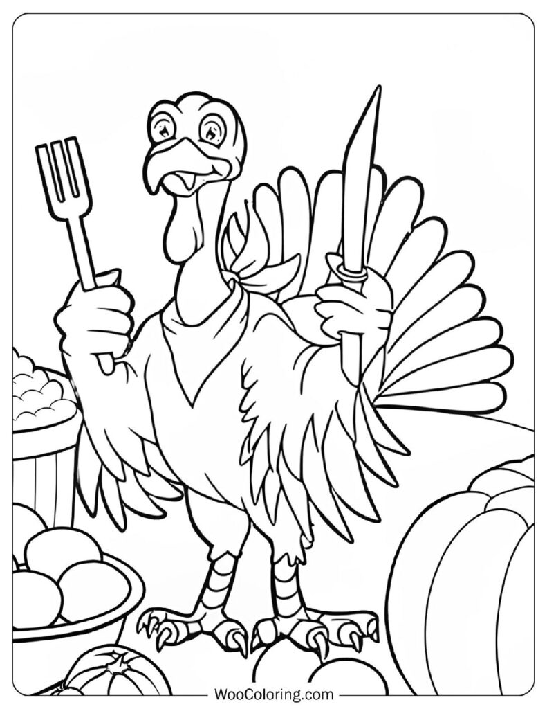 Funny Cartoon Turkey Ready to Cook Thanksgiving Dinner To Color