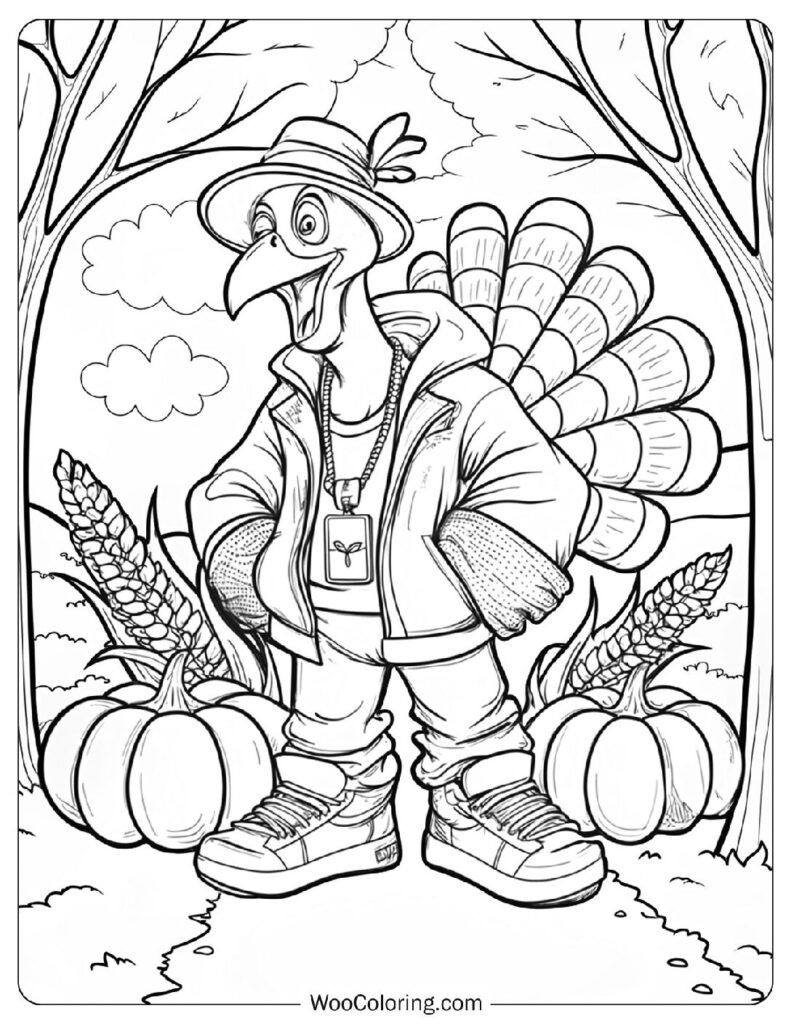Funny Thanksgiving Turkey Coloring Sheet In Trendy Clothes With Autumn Harvest