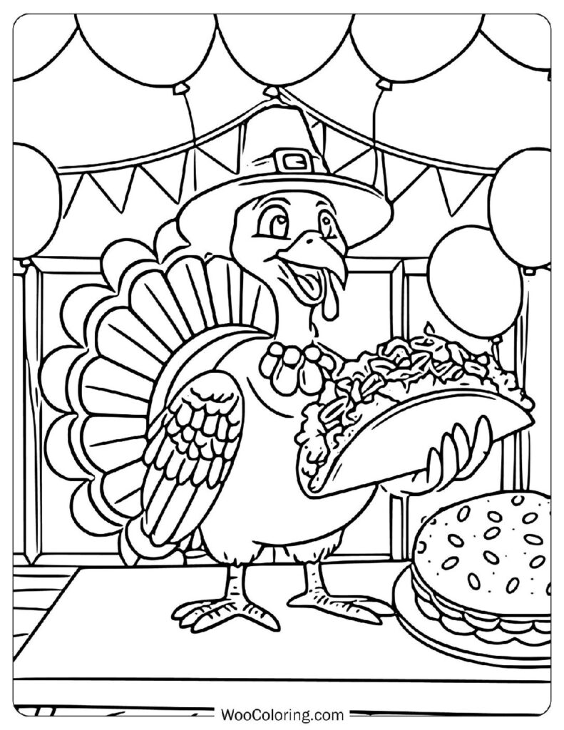 Funny Thanksgiving Turkey Wearing Pilgrim Hat Holding A Taco For Kids Coloring