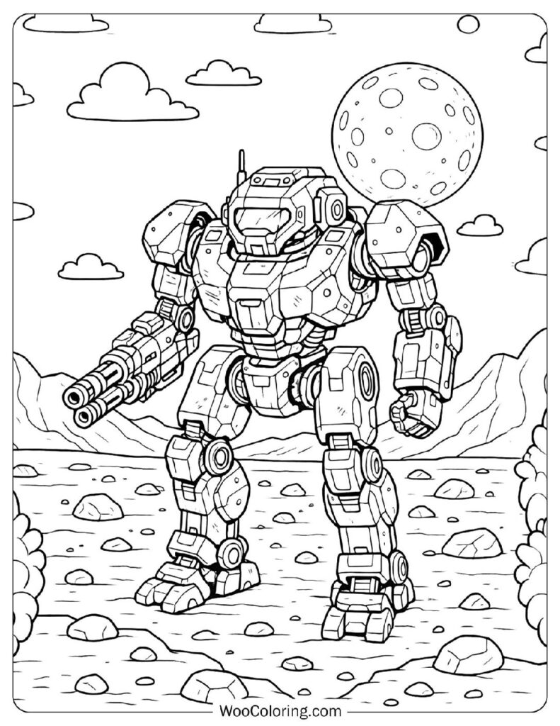 Futuristic War Robot Walking on Mars Coloring Page