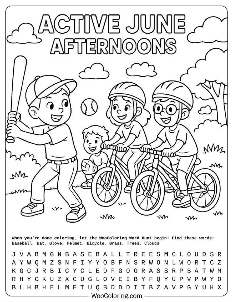 June coloring page
  with kids biking and playing baseball outdoors on an active summer afternoon