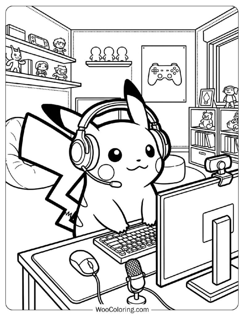 Gaming Bedroom with RGB Lights and Streaming Desk Setup Coloring Picture