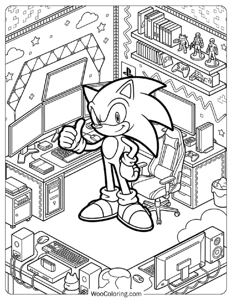 Gaming Room Setup with Modern Desk and LED Atmosphere Coloring Picture