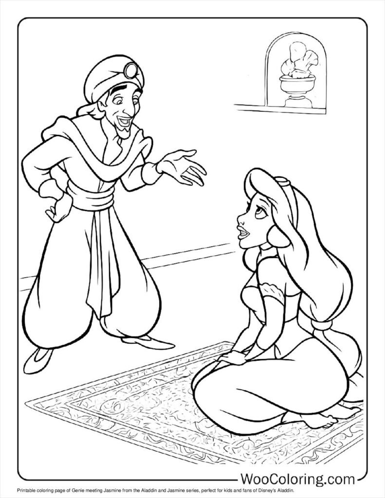 Genie Meets Jasmine Coloring In For Kids
