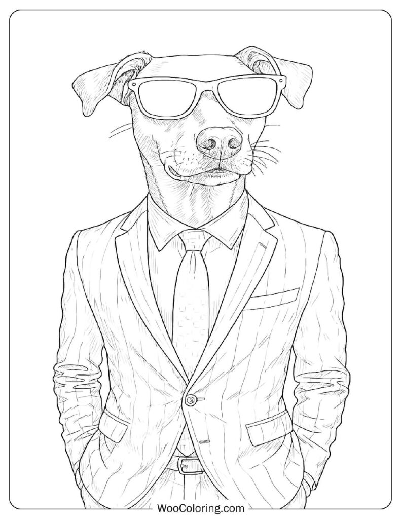 Stylish Gentleman Dog Wearing a Suit and Sunglasses Walking Through Downtown