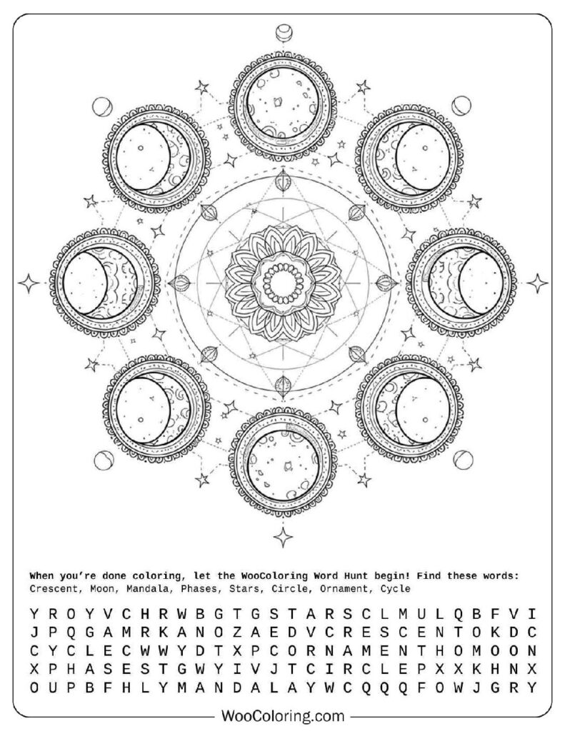 Geometric Moon Phases Circle Line Art for Adult Coloring