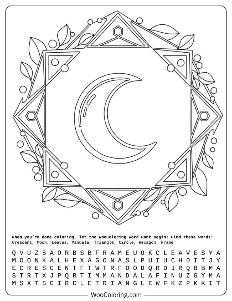 Geometric Moon Wreath with Friendly Shapes Coloring Sheet