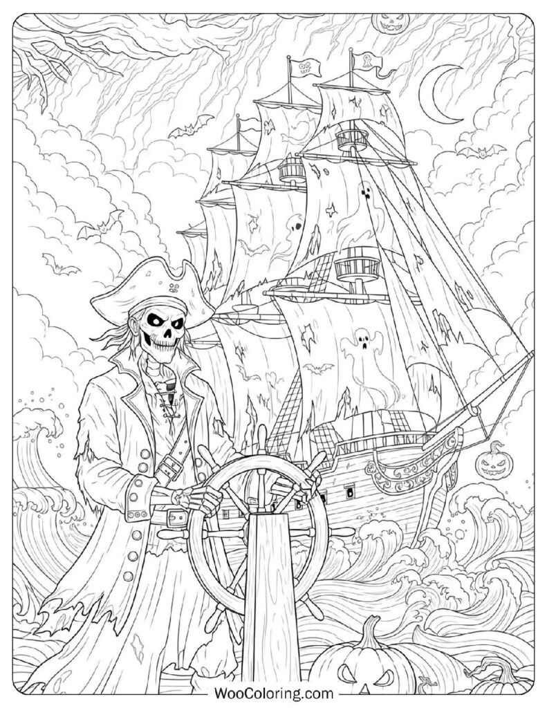 Ghost Pirate and Haunted Ship coloring page