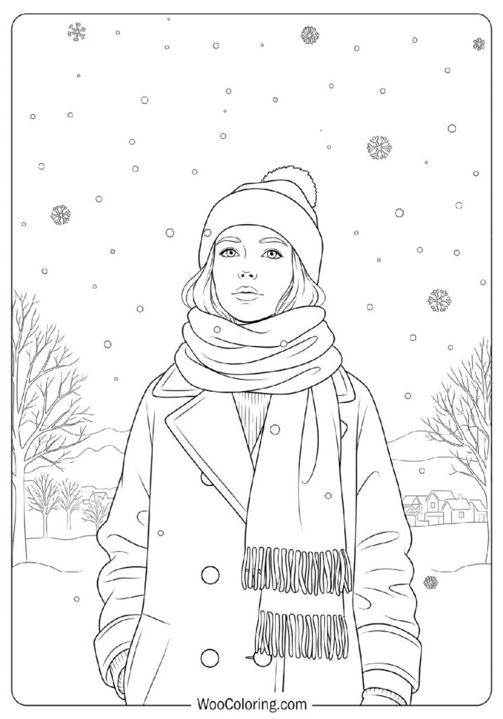 Girl Dressed in a Wool Coat and Scarf Standing in a Gentle Snowfall