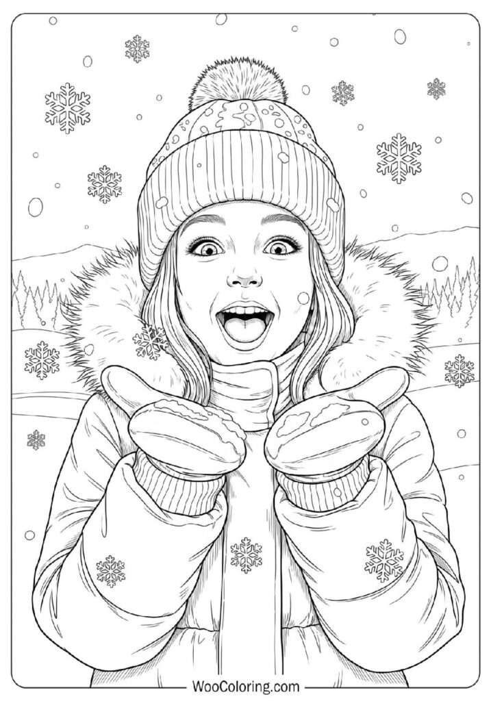 Girl Laughing and Catching Snowflakes During a Magical Moment