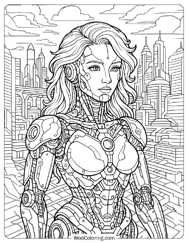 Girl Robot with Hair Coloring Page