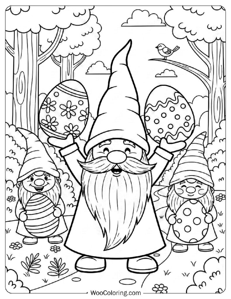 Gnomes Holding Oversized Easter Eggs in the Forest