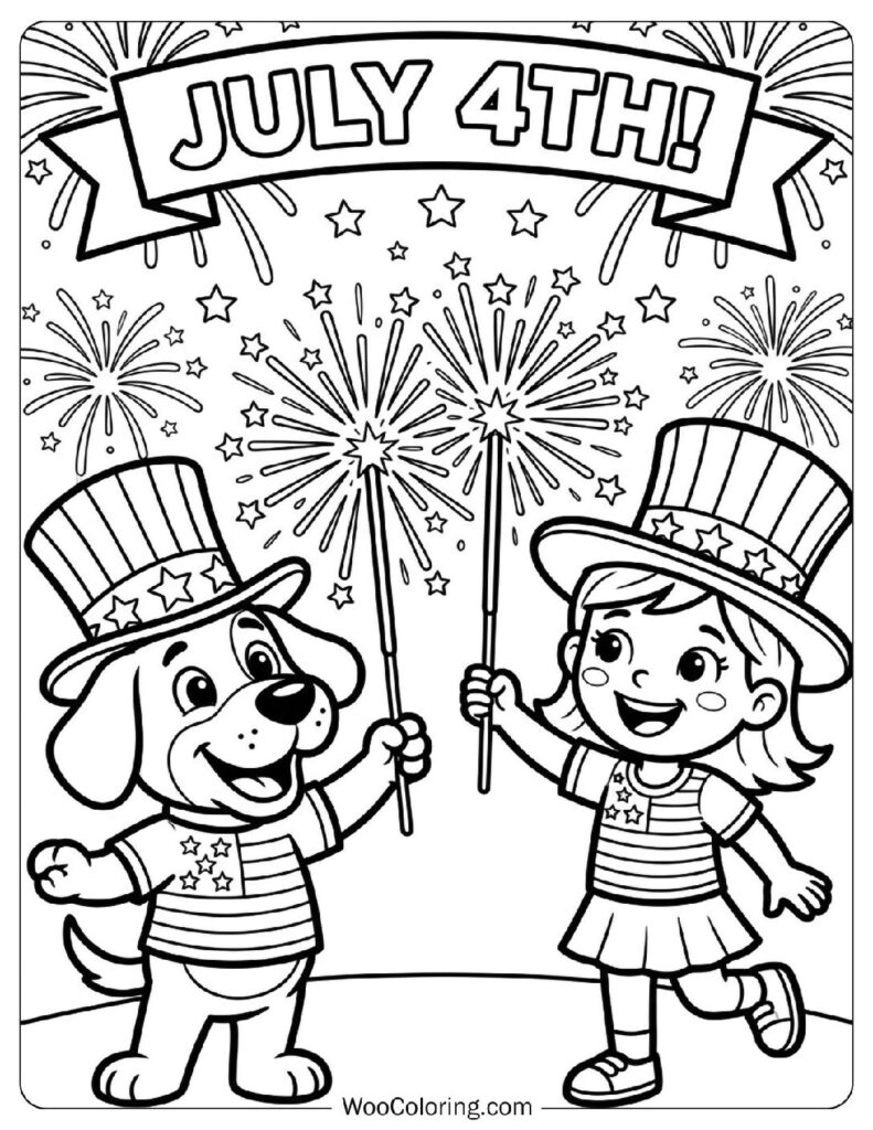 Golden Sparklers Lighting Up the Night on July 4th Coloring Sheet for Preschoolers