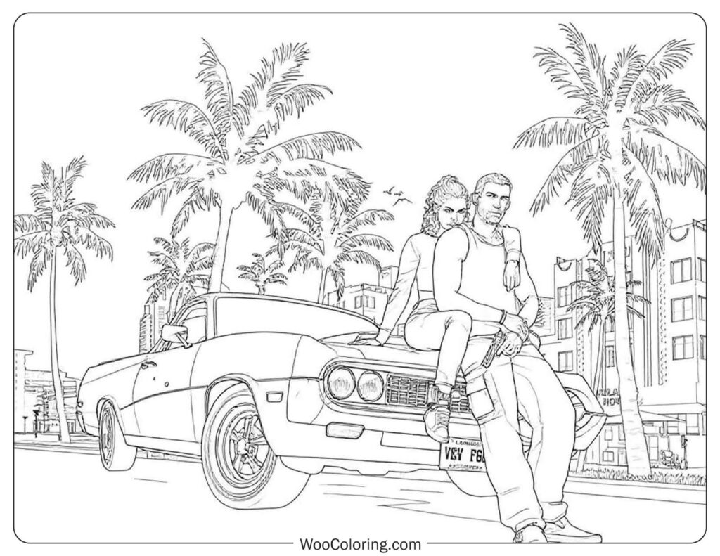Grand Theft Auto City Streets with Classic Muscle Car Coloring Page