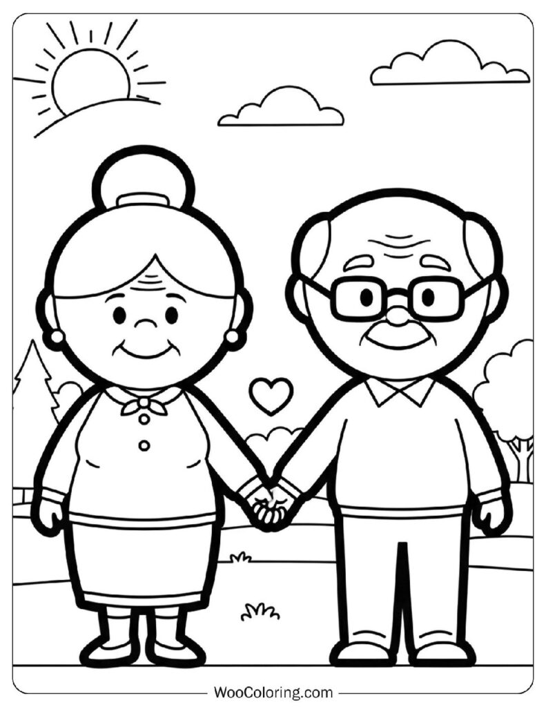 Grandparents Holding Hands with a Small Heart Coloring Picture