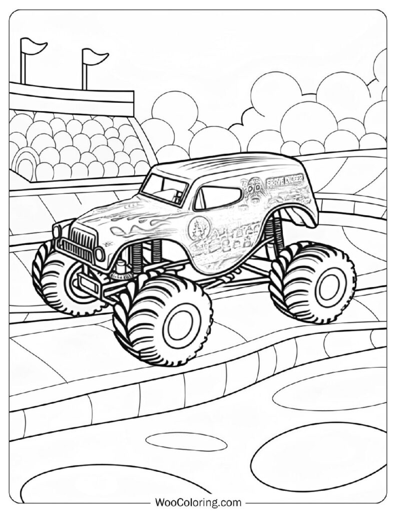 Grave Digger Crushing Cars at Full Speed in a Dramatic Stadium Arena Coloring Page