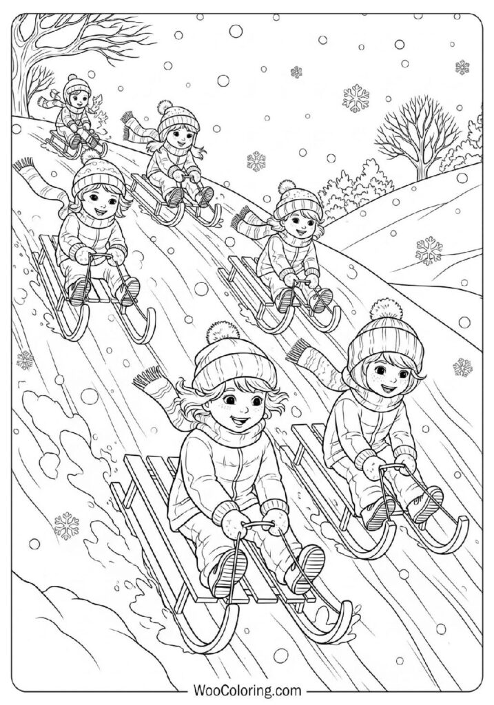 Group of Children Sledding Down a Sparkling Snowy Hill