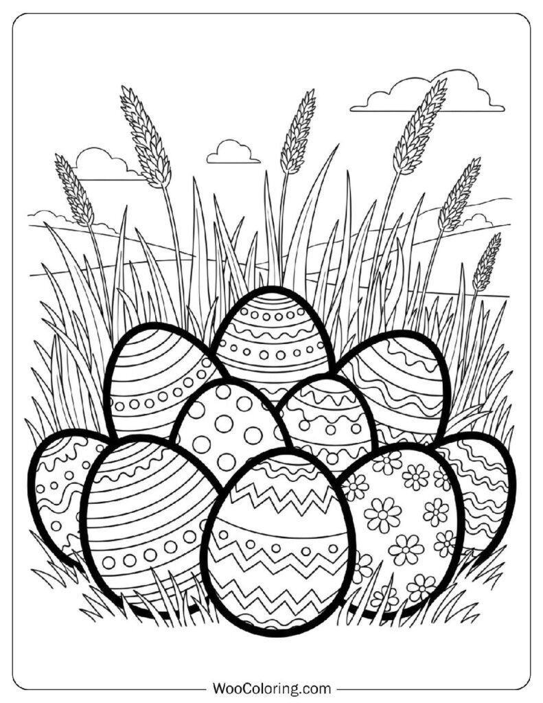 Group of Easter Eggs in Tall Spring Grass Coloring Page for Preschoolers