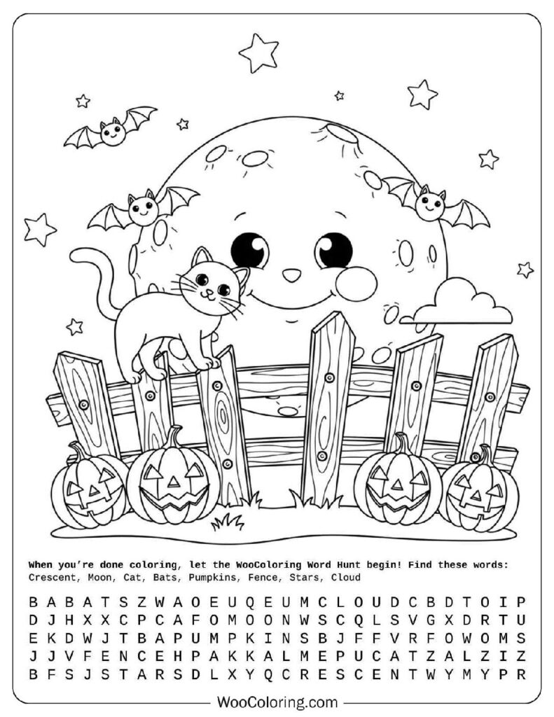 Halloween Moon with Cat and Pumpkins Coloring Picture