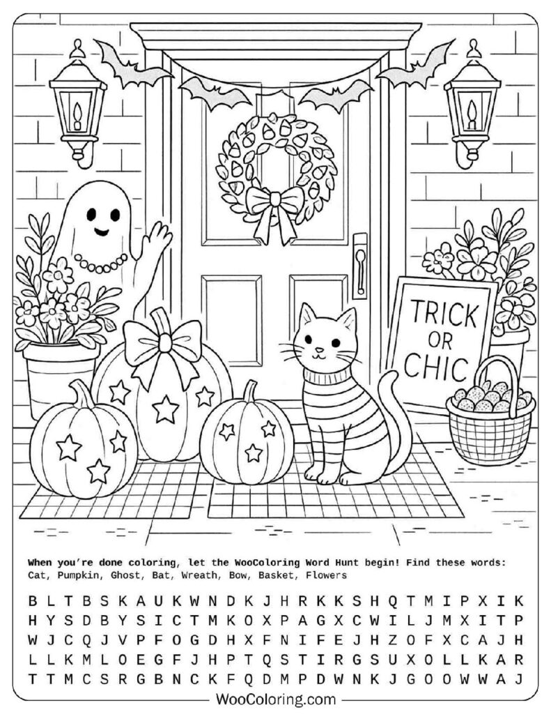 Halloween Preppy Porch with Ghosts, Bows, Cat, and Pumpkins